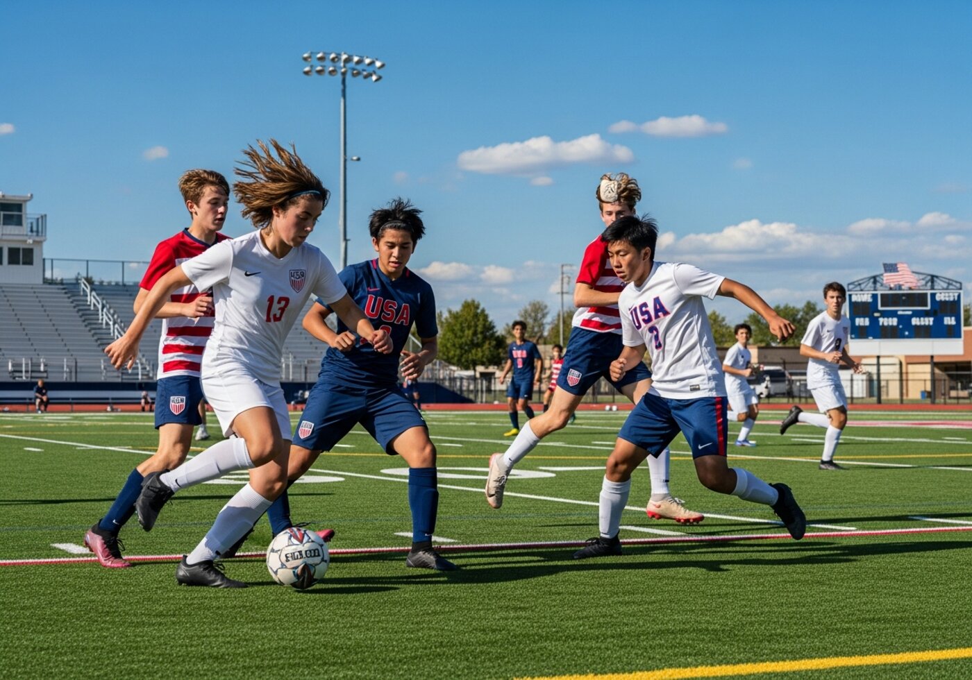 High school students playing soccer game