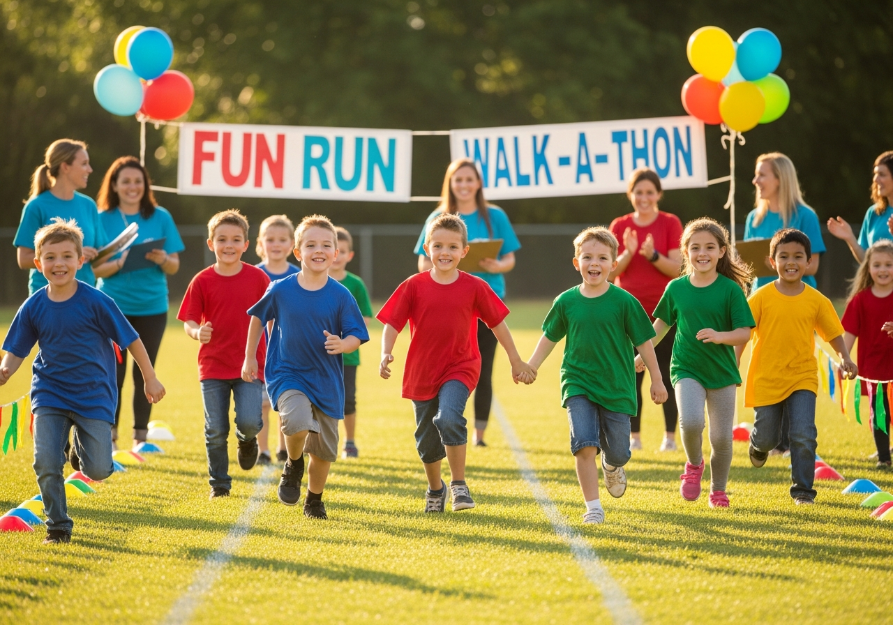 Elementary school children at a walk-a-thon fun run event