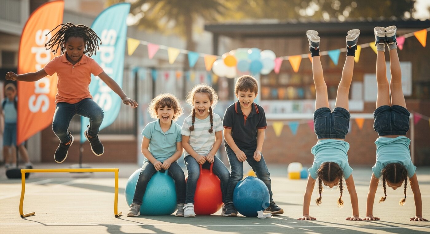 Primary school children at sports day and activities