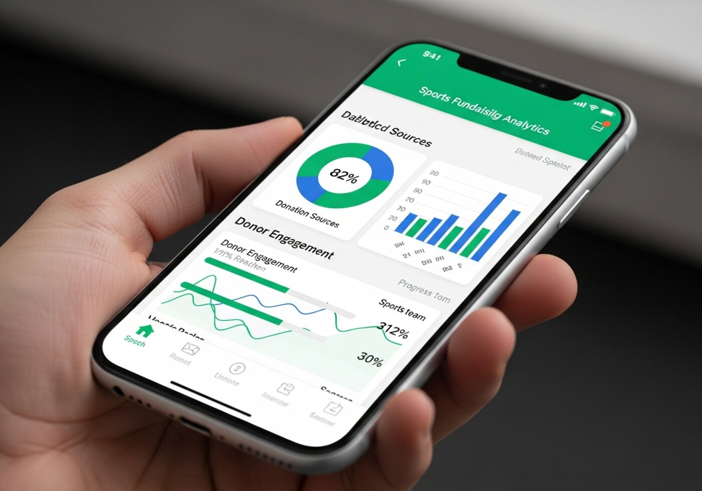 Sports fundraising analytics dashboard on mobile phone